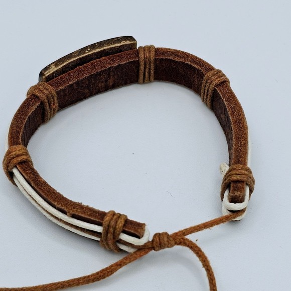 Leather Bracelet Hemp Cord Carved Rainbow Lightning Brown Tan Adjustable Slide - Picture 7 of 11